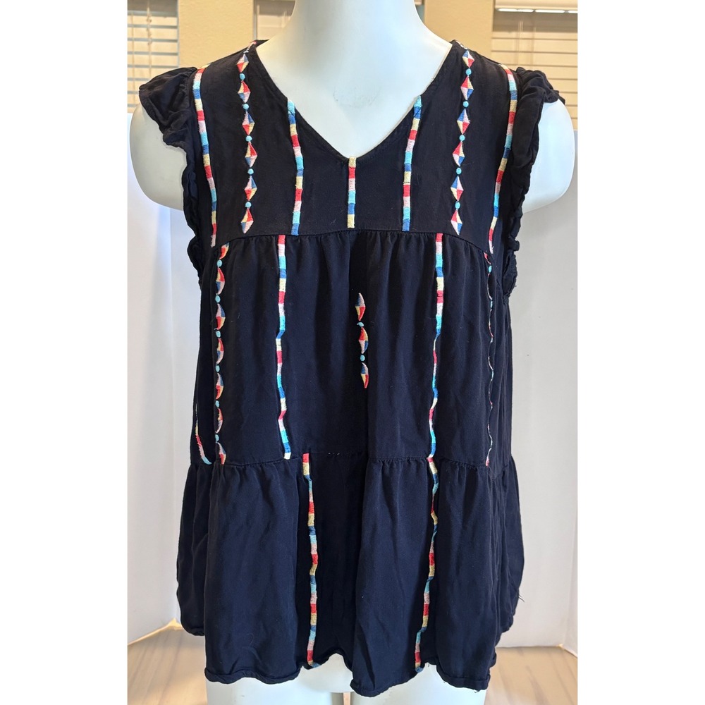 Savannah Jane Black Embroidered Boho Tiered V-Neck Flutter Sleeve Blouse 16929-S